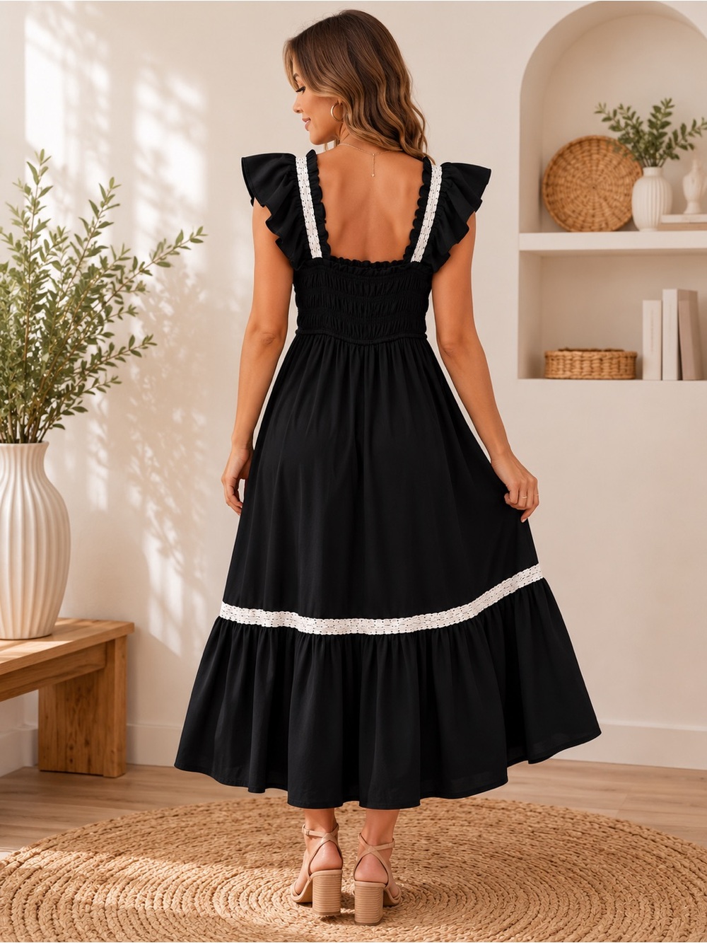 The River Black Maxi Dress Size Small Ruffle Sleeve Lace Trim Boho Style - Picture 2 of 7